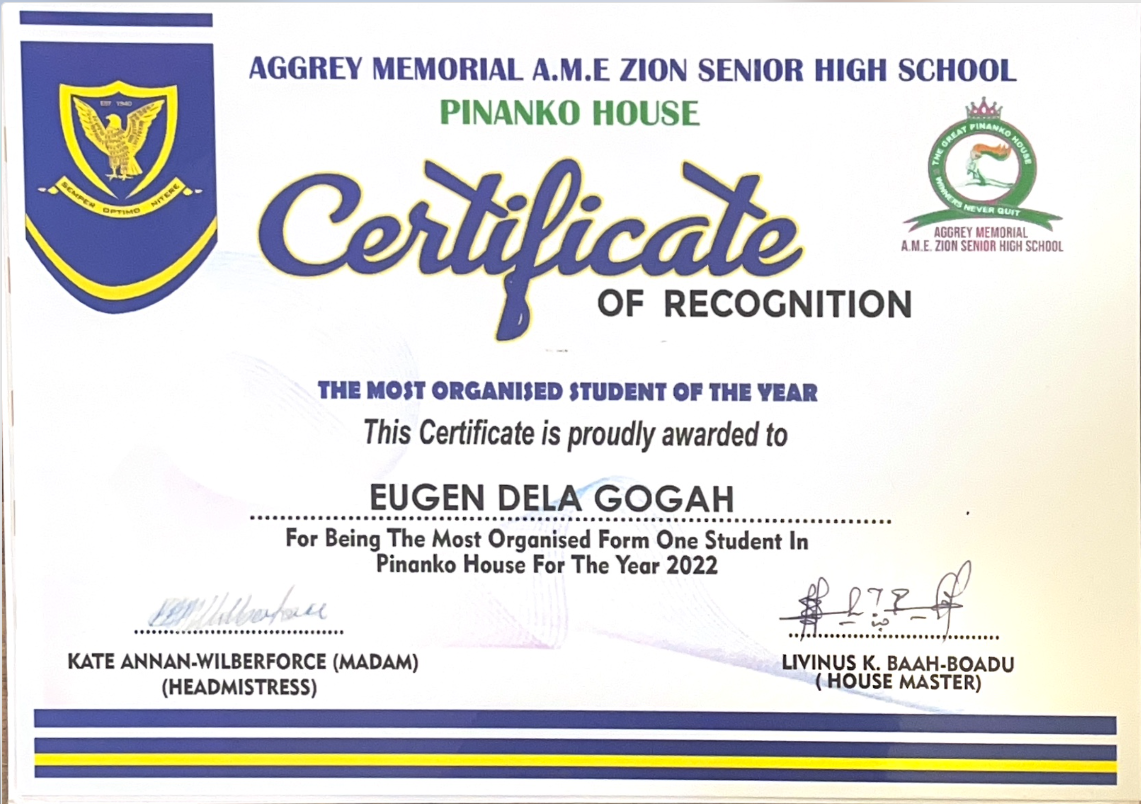 Most Organised Student Certificate